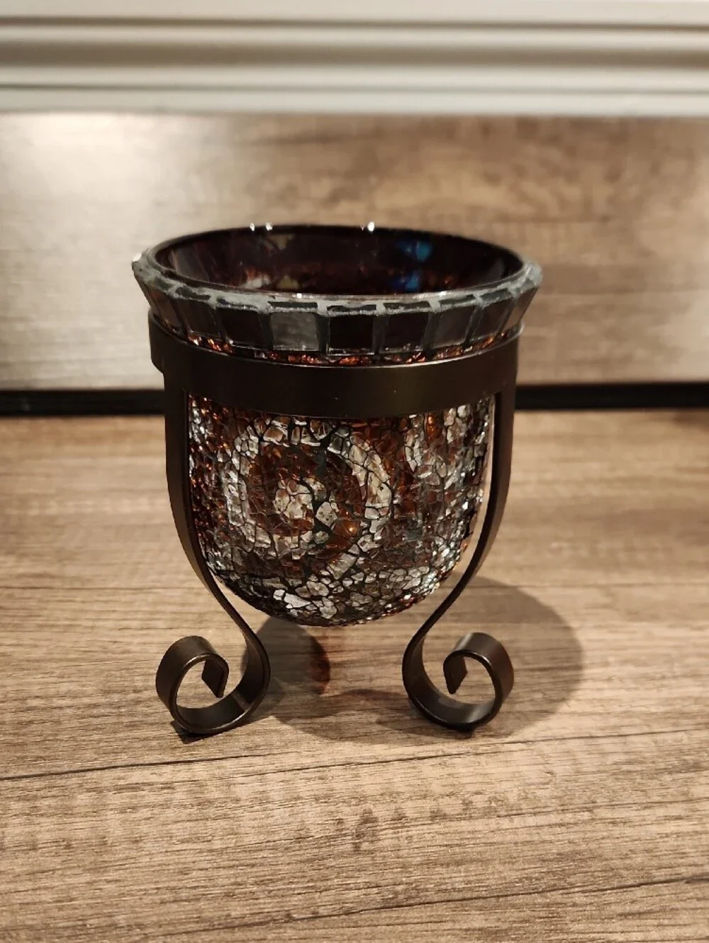 PartyLite Brown Amber Mosaic Glass Votive with Bronze Metal Stand